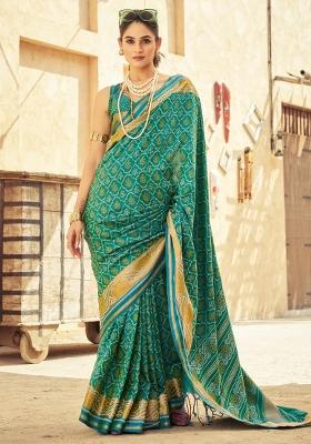 Teal Blue Printed Soft Silk Saree Set