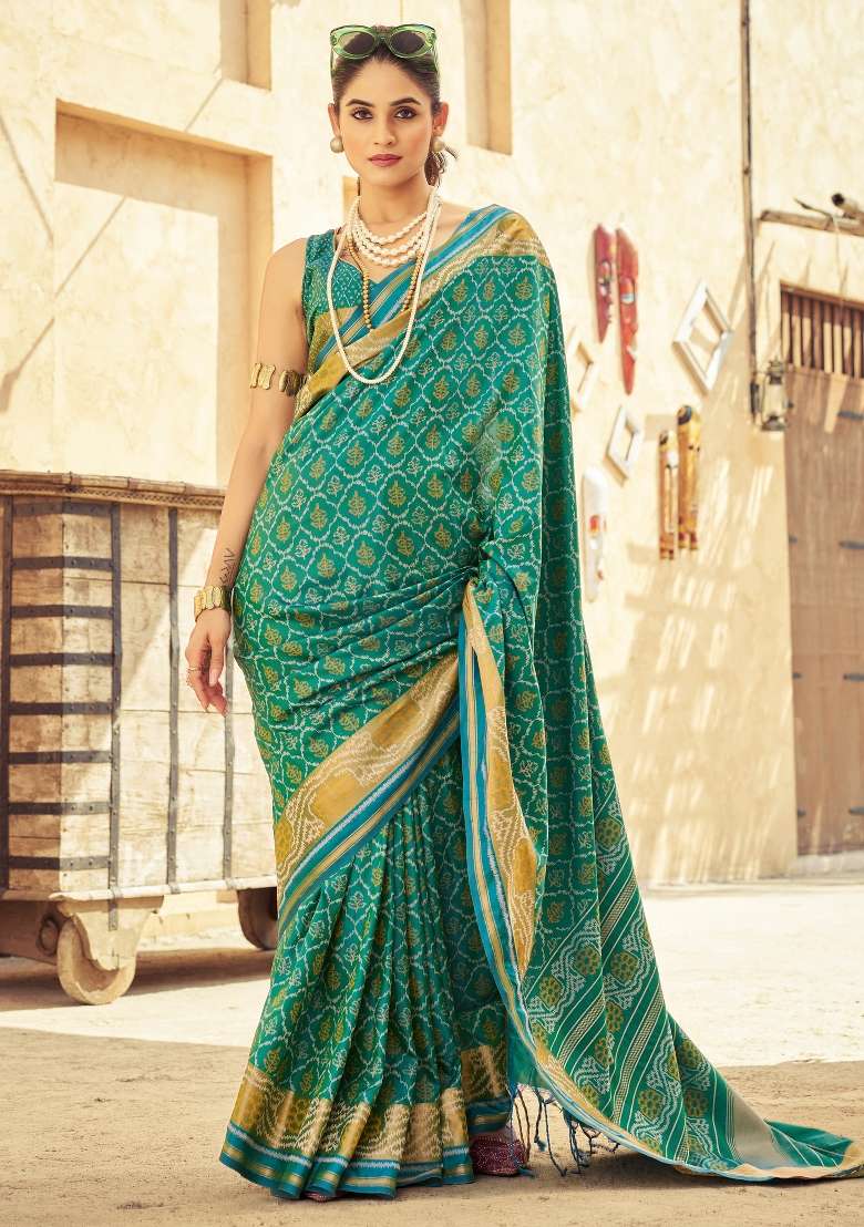Teal Blue Printed Soft Silk Saree Set - Indya