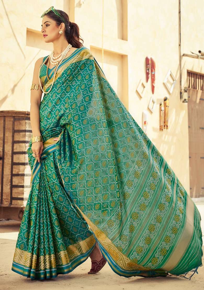 Teal Blue Printed Soft Silk Saree Set - Indya