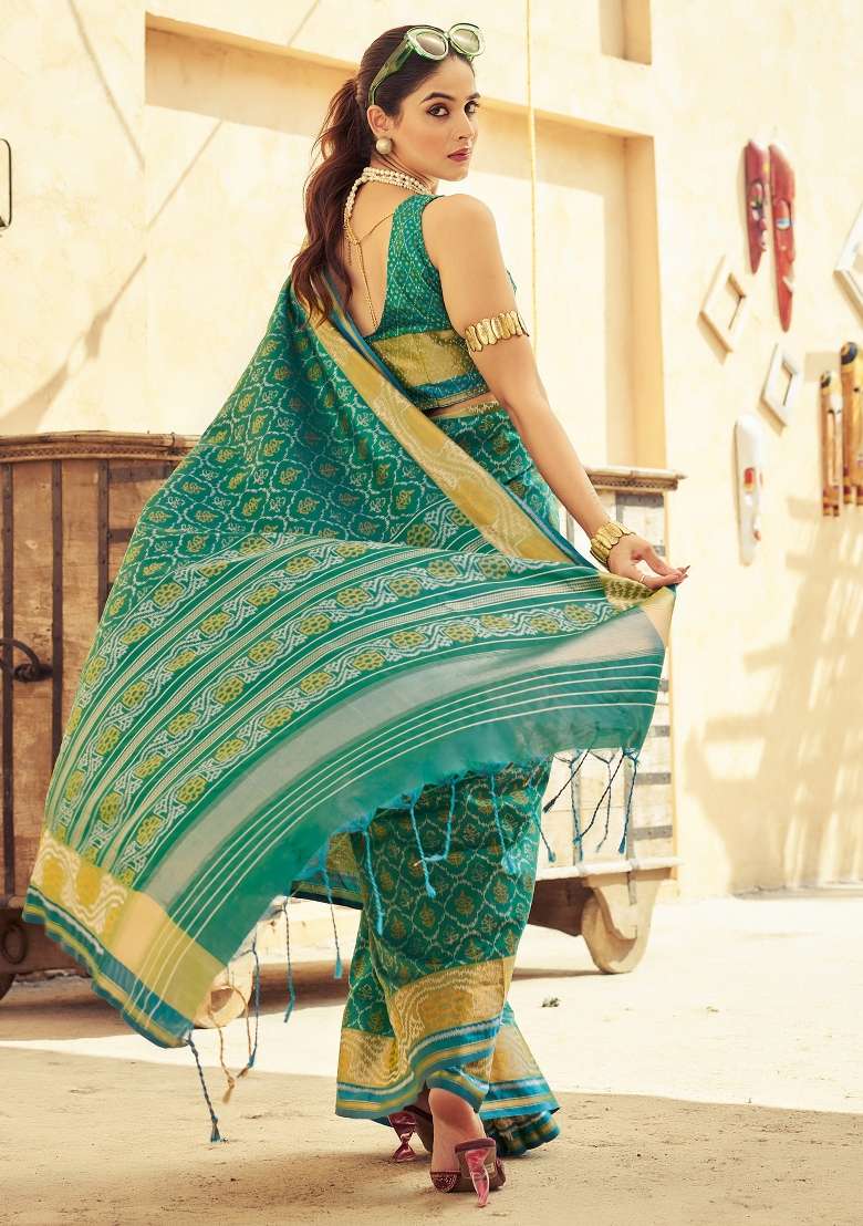 Teal Blue Printed Soft Silk Saree Set - Indya