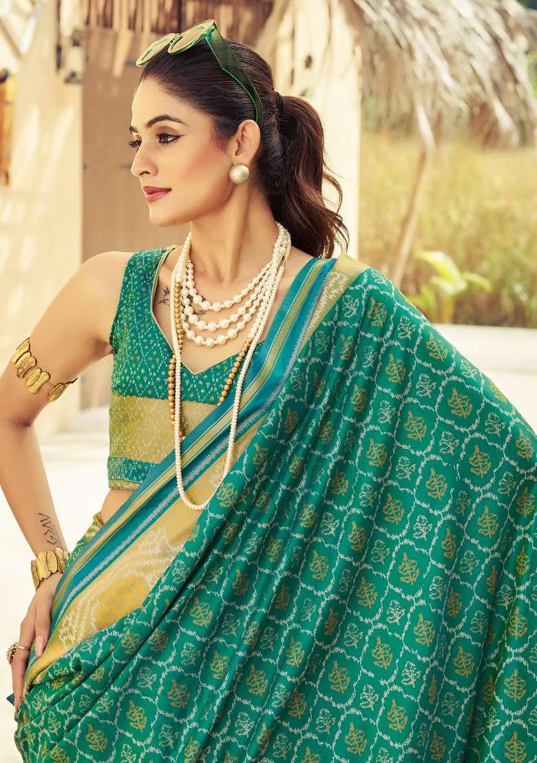 Teal Blue Printed Soft Silk Saree Set - Indya