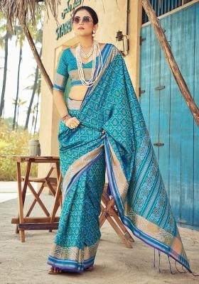 Light Blue Printed Soft Silk Saree Set