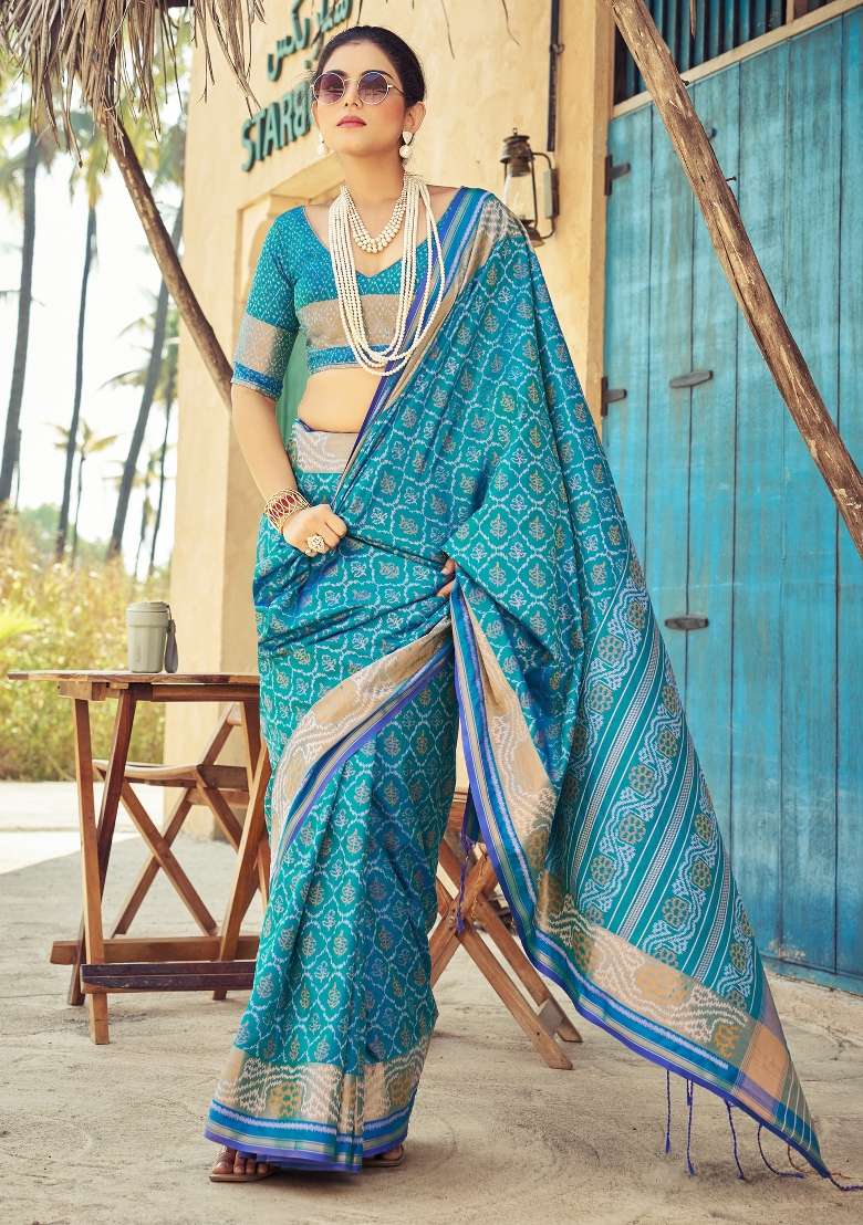 Light Blue Printed Soft Silk Saree Set - Indya