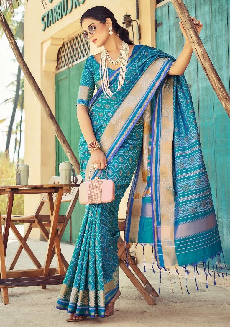 Light Blue Printed Soft Silk Saree Set - Indya