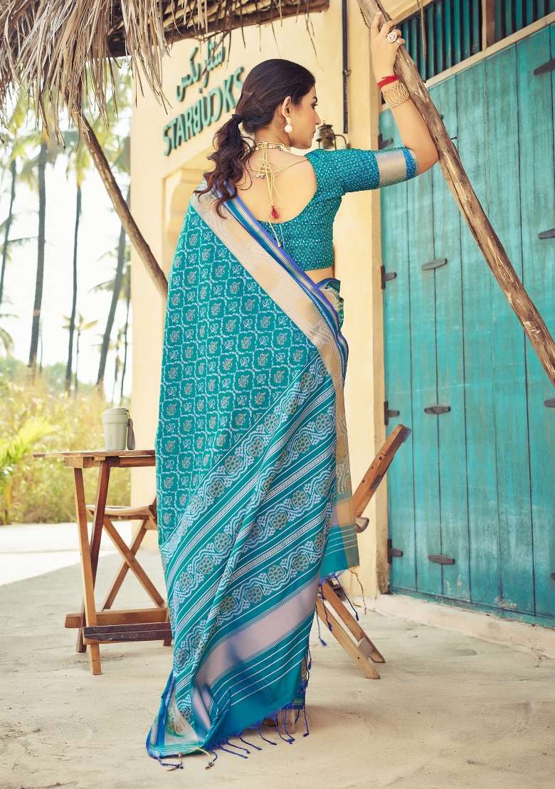 Light Blue Printed Soft Silk Saree Set - Indya