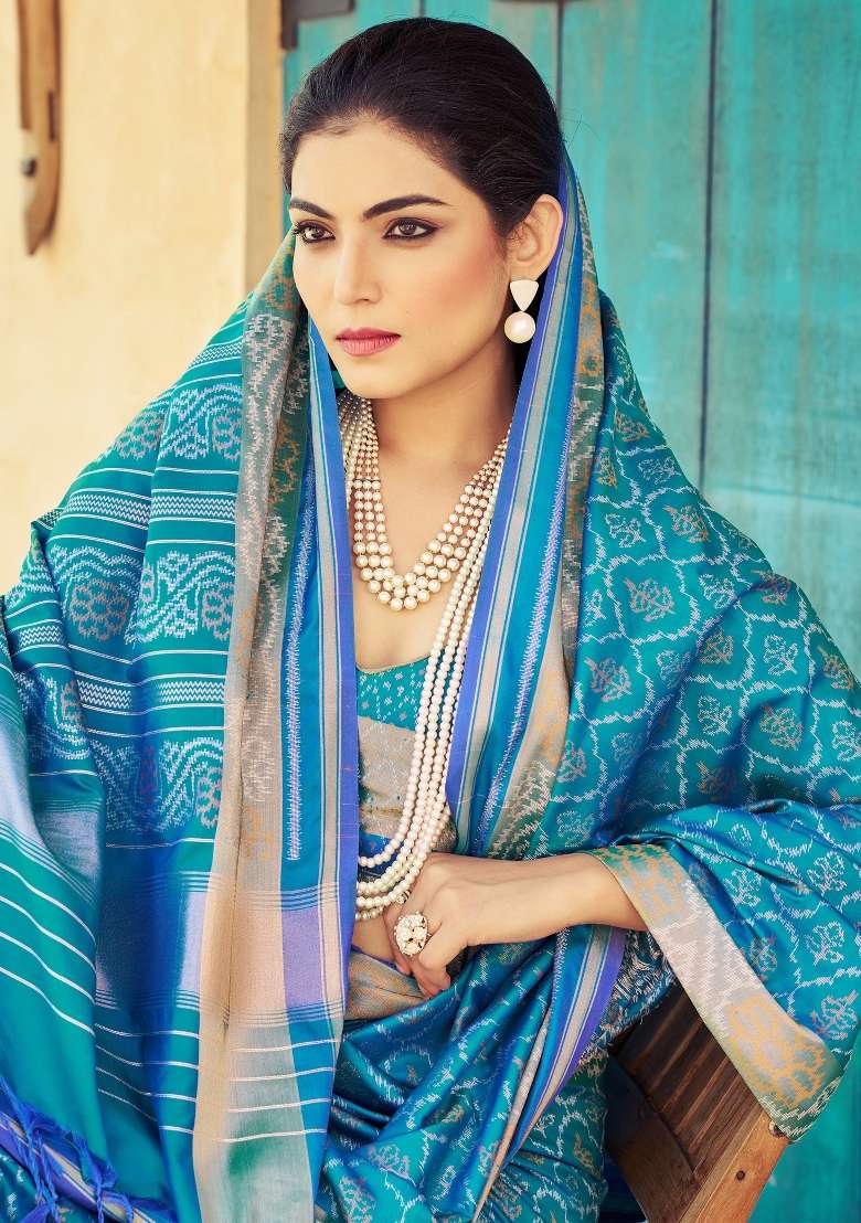 Light Blue Printed Soft Silk Saree Set - Indya