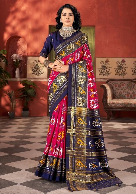 Pink Printed Tussar Silk Saree Set — view on Indya