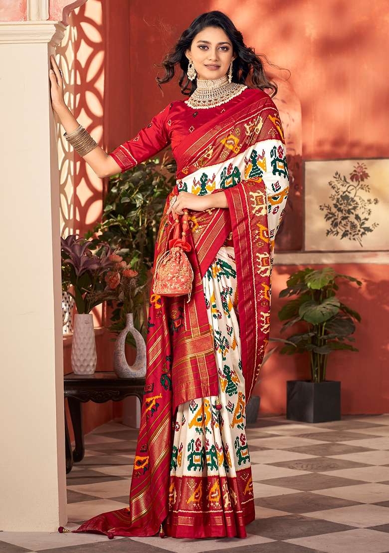 Off White Printed Tussar Silk Saree Set - Indya