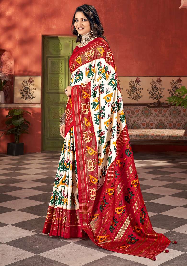 Off White Printed Tussar Silk Saree Set - Indya