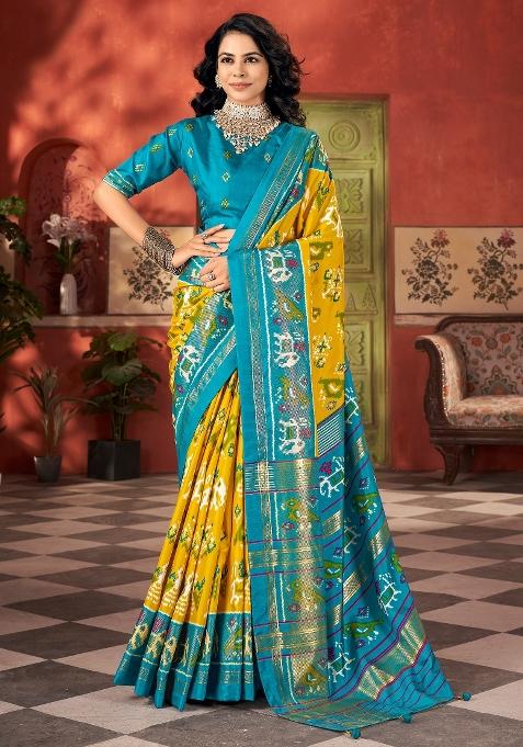 Yellow Printed Tussar Silk Saree Set — view on Indya