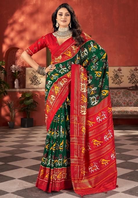 Dark Green Printed Tussar Silk Saree Set — view on Indya