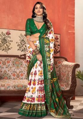Off White Printed Tussar Silk Saree Set