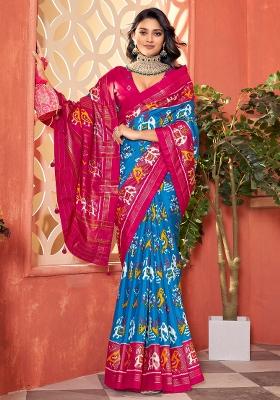 Light Blue Printed Tussar Silk Saree Set