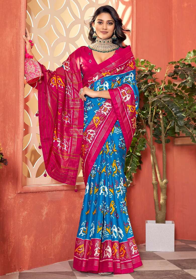 Light Blue Printed Tussar Silk Saree Set - Indya