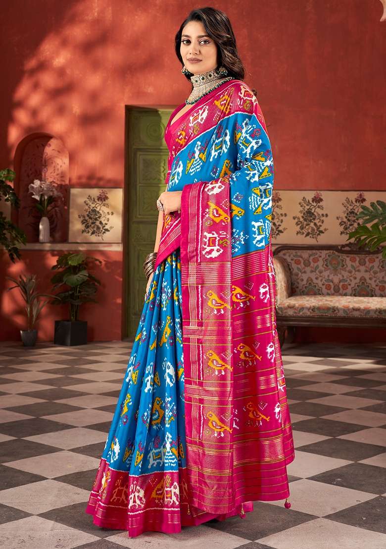 Light Blue Printed Tussar Silk Saree Set - Indya