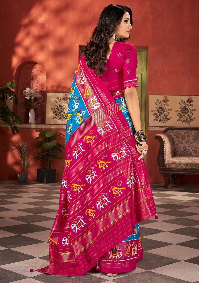 Light Blue Printed Tussar Silk Saree Set - Indya