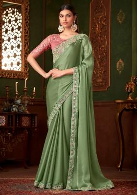 Light Green Printed Satin Silk Blend Saree Set