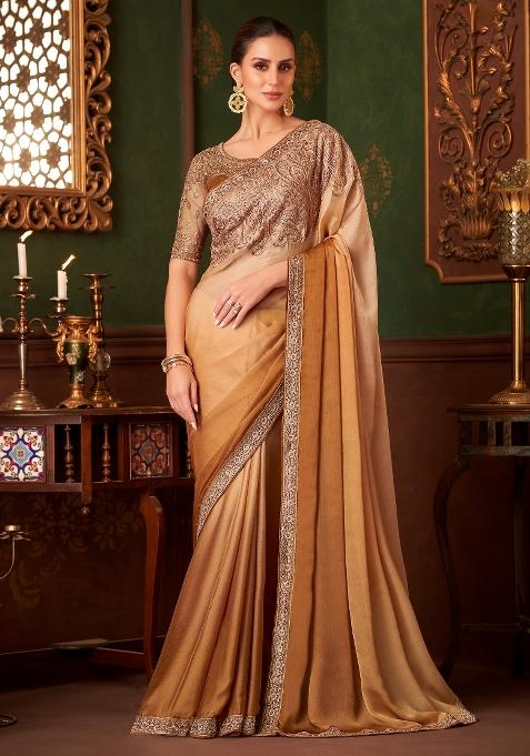 Beige Printed Chiffon Saree Set