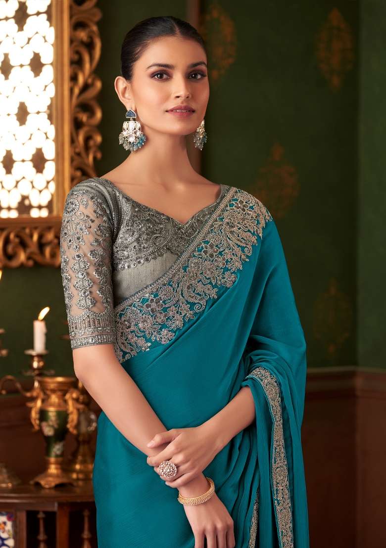 Blue Printed Chiffon Saree Set for Diwali and Festive Wear - Indya