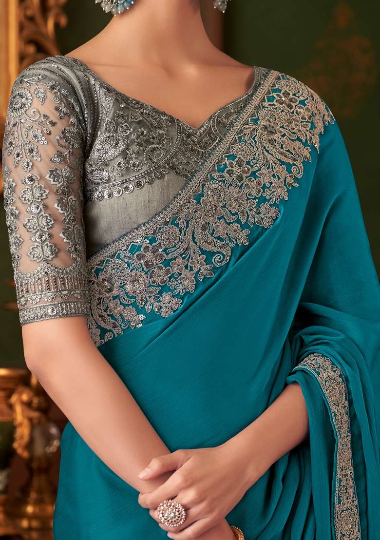 Blue Printed Chiffon Saree Set for Diwali and Festive Wear - Indya