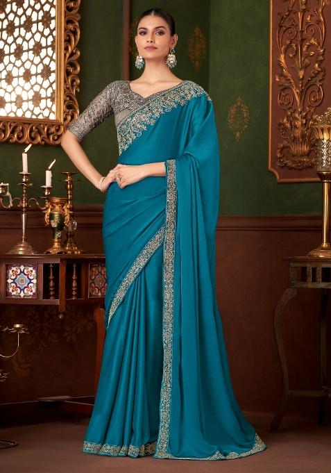Blue Printed Chiffon Saree Set — view on Indya