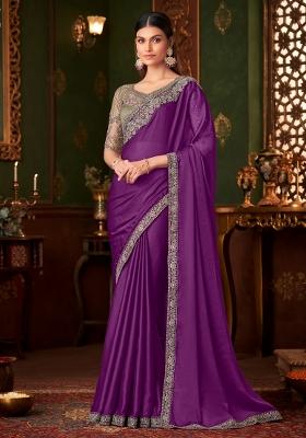 Purple Printed Chiffon Saree Set