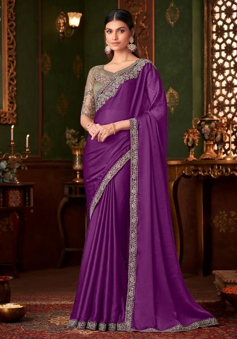 Purple Printed Chiffon Saree Set — view on Indya