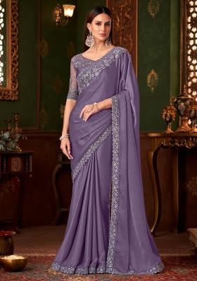 Violet Printed Chiffon Saree Set