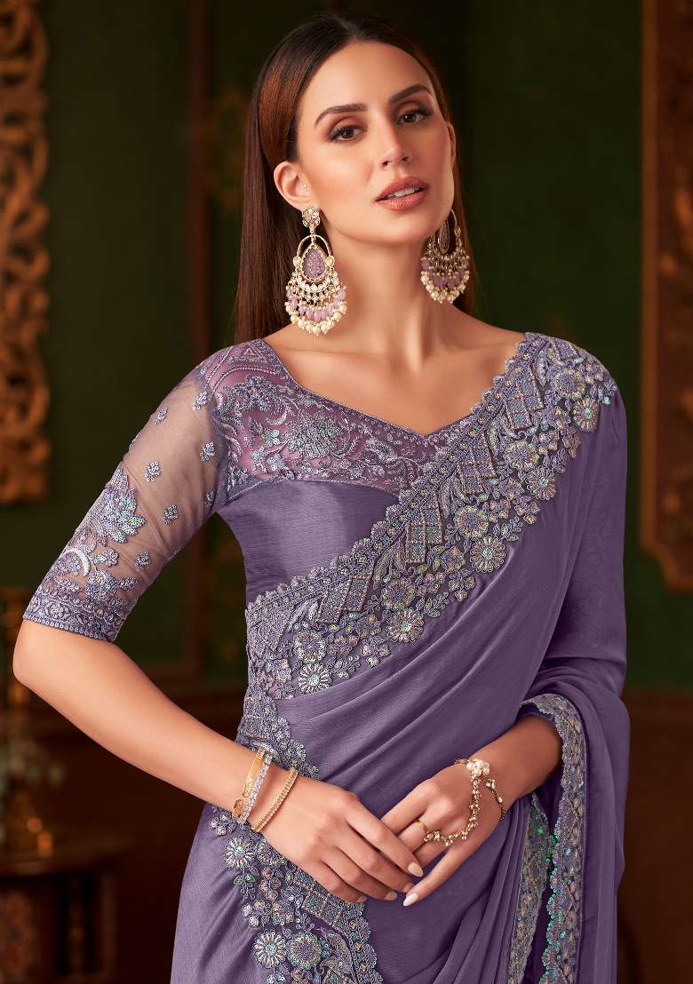 Violet Printed Chiffon Saree Set - Indya