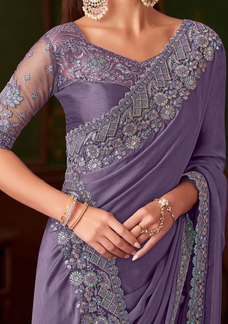 Violet Printed Chiffon Saree Set - Indya