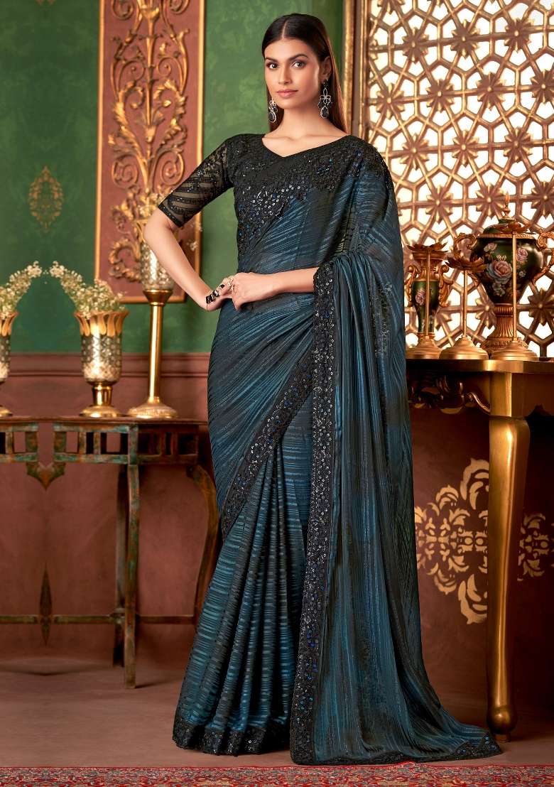 Teal Blue Printed Pure Georgette Saree Set - Indya