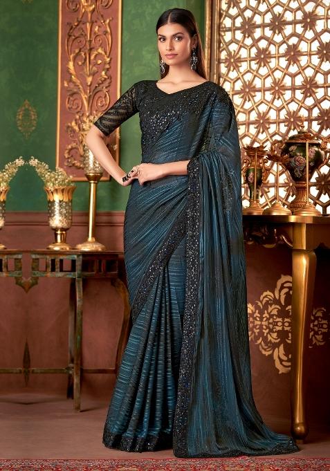 Teal Blue Printed Pure Georgette Saree Set — view on Indya