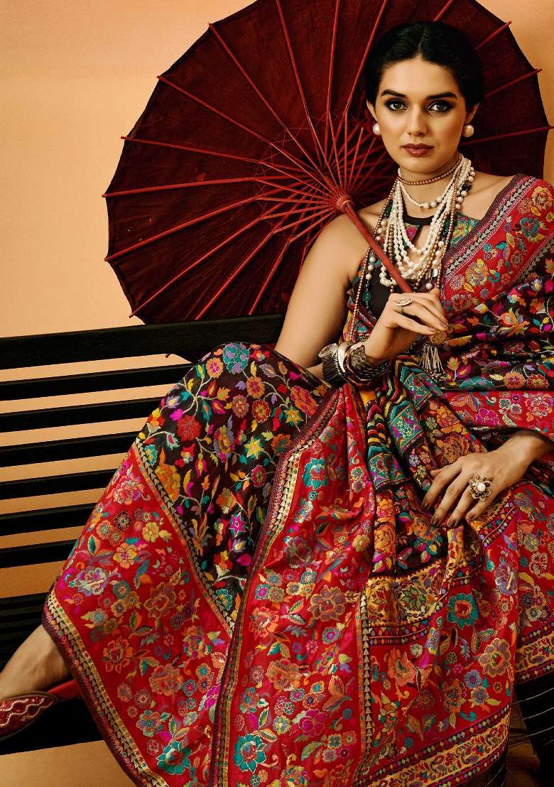 Black Cotton Silk Blend Saree Set with Printed for Diwali | Wedding & Festive Wear - Indya