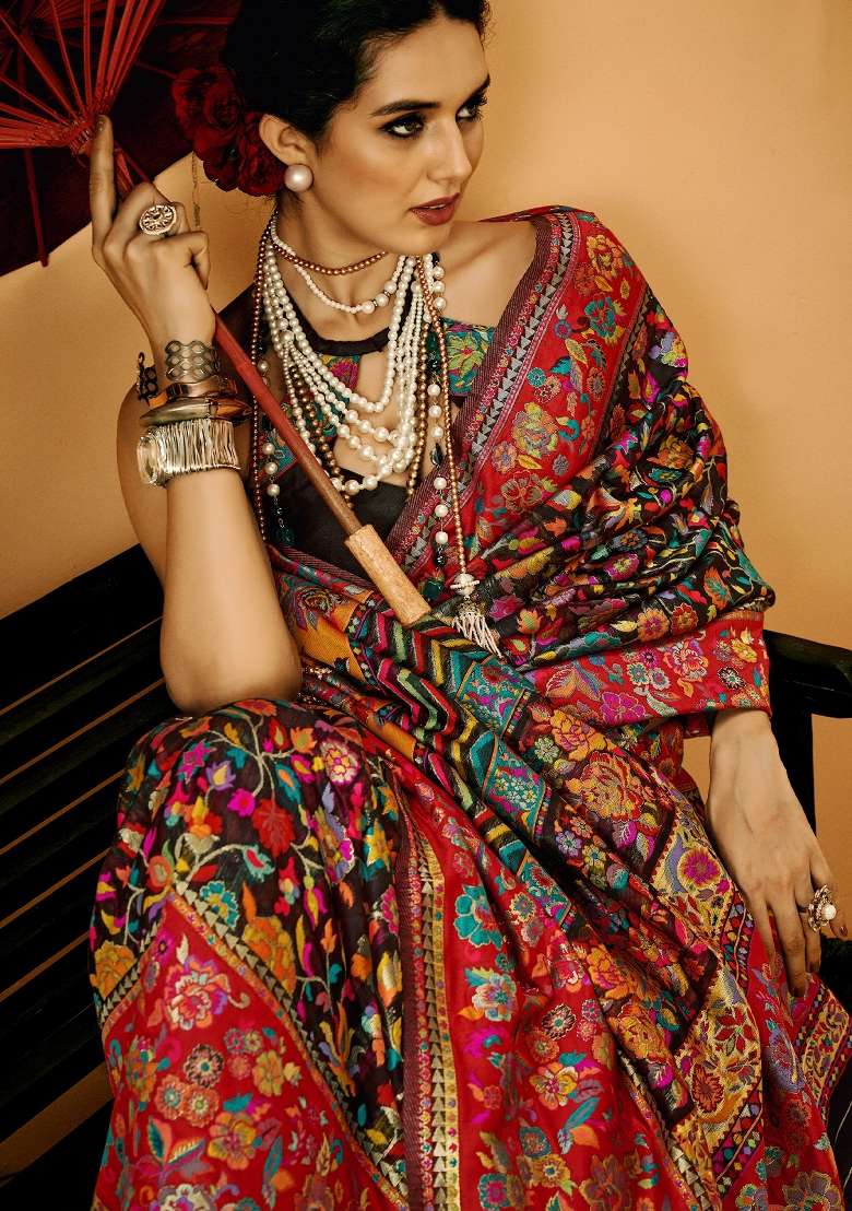 Black Cotton Silk Blend Saree Set with Printed for Diwali | Wedding & Festive Wear - Indya