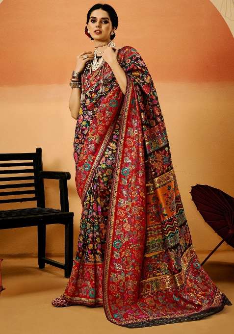 Black Cotton Silk Blend Saree Set with Printed for Diwali | Wedding & Festive Wear