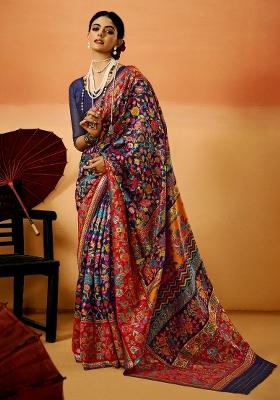 Navy Blue Printed Cotton Silk Saree Set