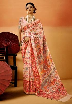 Peach Printed Cotton Silk Saree Set