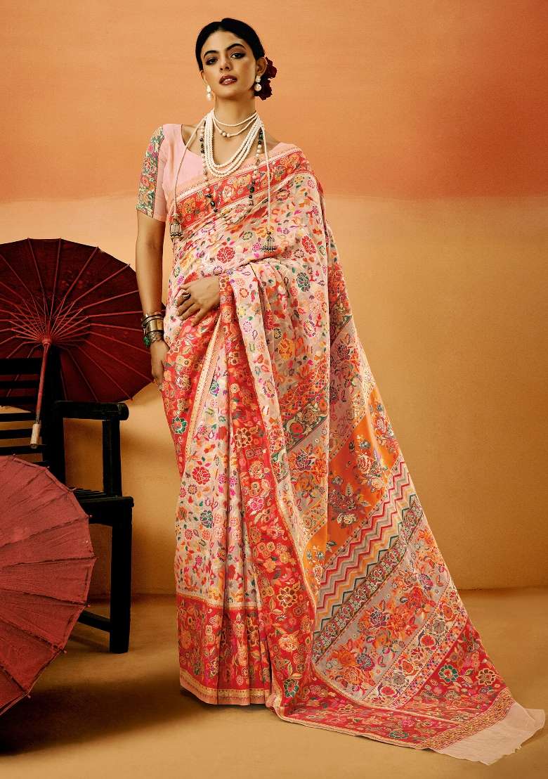 Peach Printed Cotton Silk Blend Saree Set - Indya