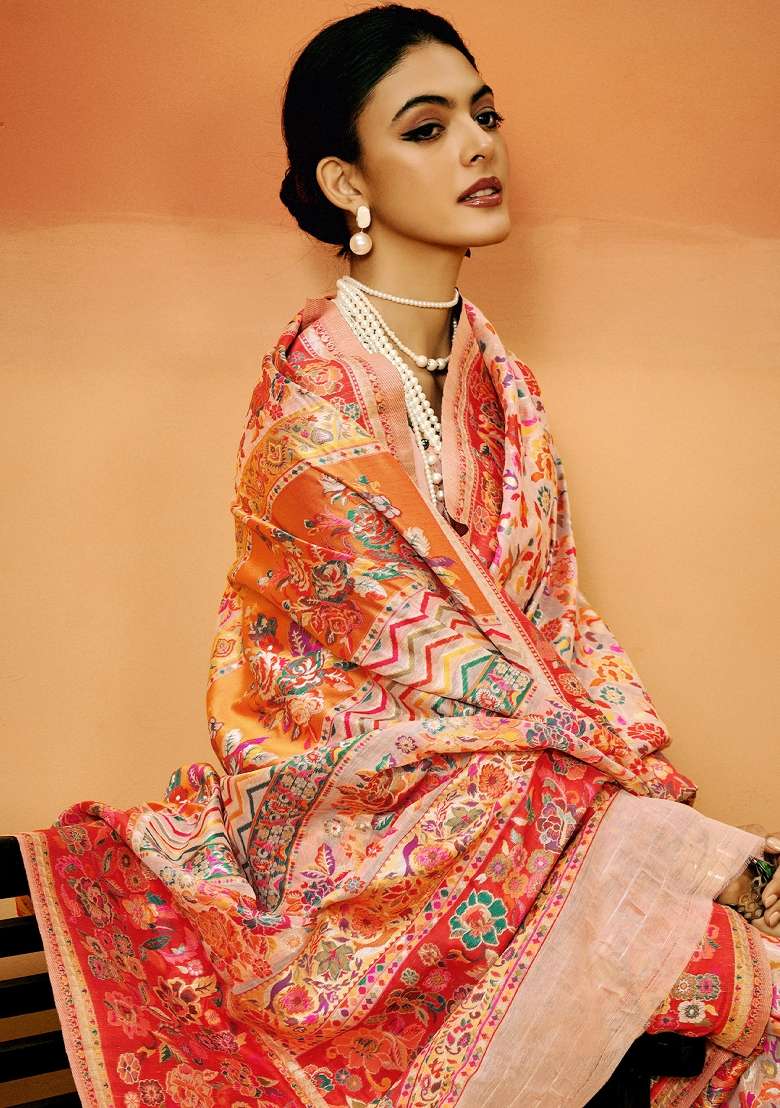 Peach Printed Cotton Silk Blend Saree Set - Indya