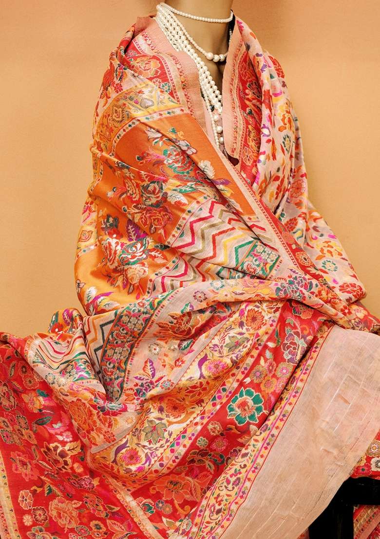 Peach Printed Cotton Silk Blend Saree Set - Indya