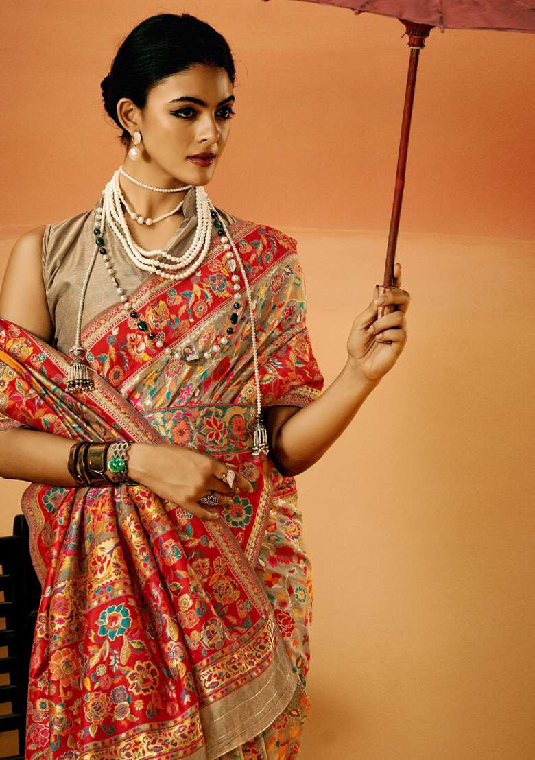 Beige Cotton Silk Blend Saree Set with Printed for Diwali | Wedding & Festive Wear - Indya
