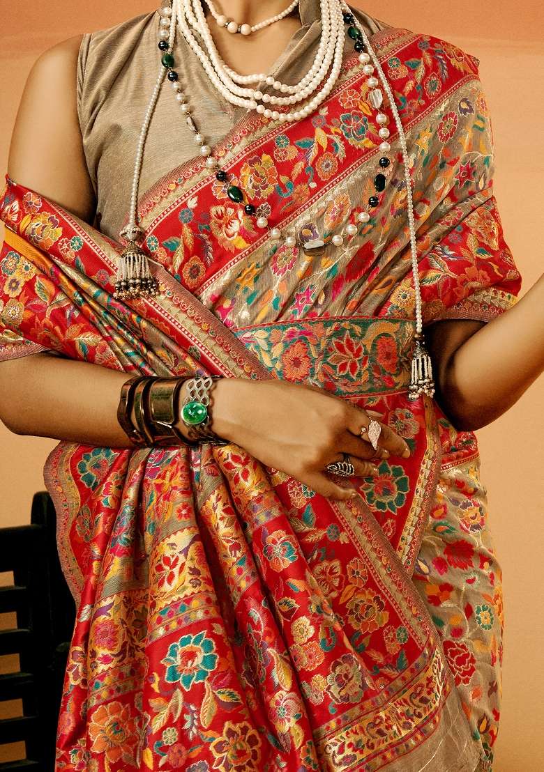 Beige Cotton Silk Blend Saree Set with Printed for Diwali | Wedding & Festive Wear - Indya