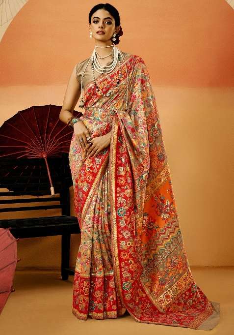 Beige Cotton Silk Blend Saree Set with Printed for Diwali | Wedding & Festive Wear