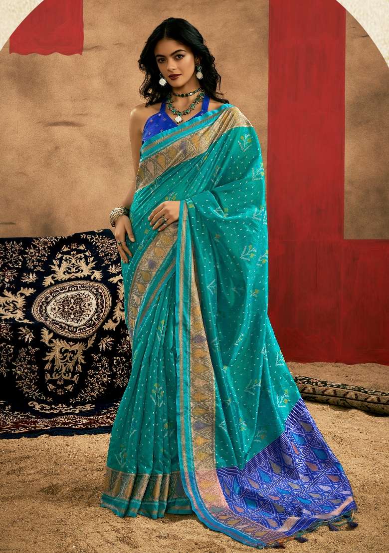 Teal Blue Printed Tussar Silk Saree Set - Indya