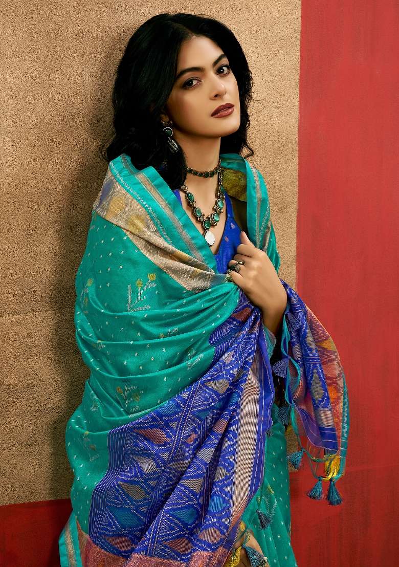 Teal Blue Printed Tussar Silk Saree Set - Indya
