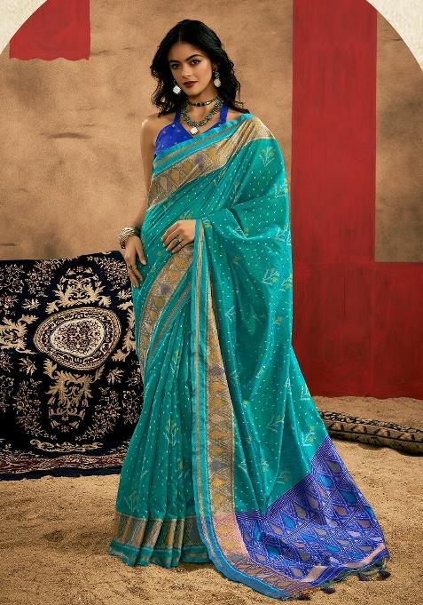 Teal Blue Printed Tussar Silk Saree Set — view on Indya