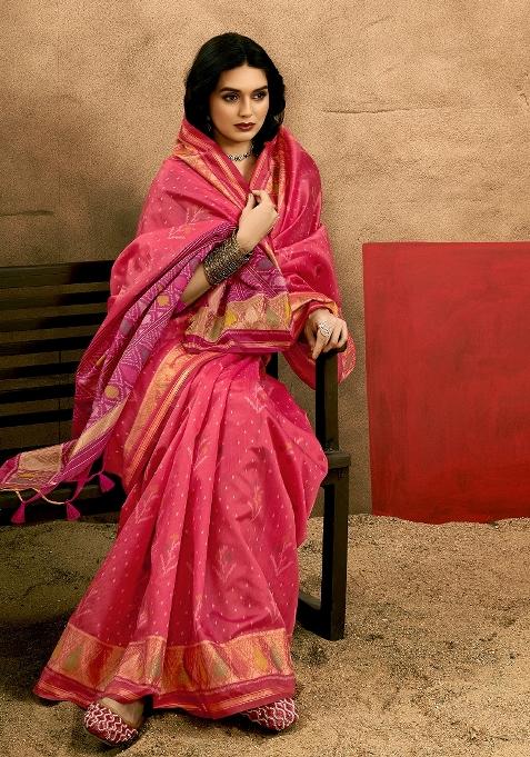 Pink Printed Tussar Silk Saree Set — view on Indya