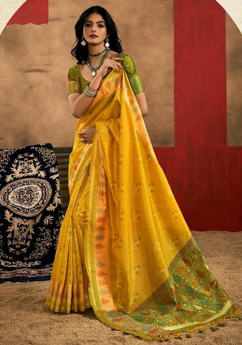 Yellow Printed Tussar Silk Saree Set — view on Indya