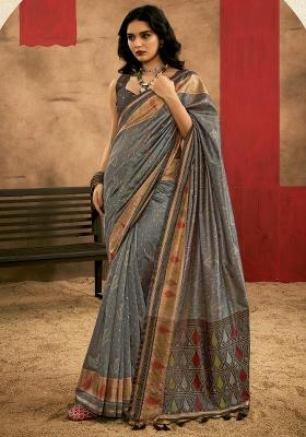 Grey Printed Tussar Silk Saree Set