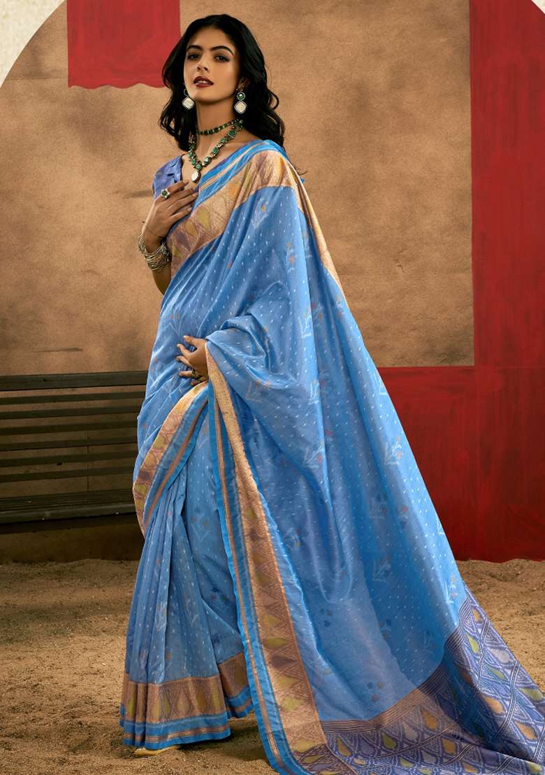 Light Blue Printed Tussar Silk Blend Saree Set - Indya